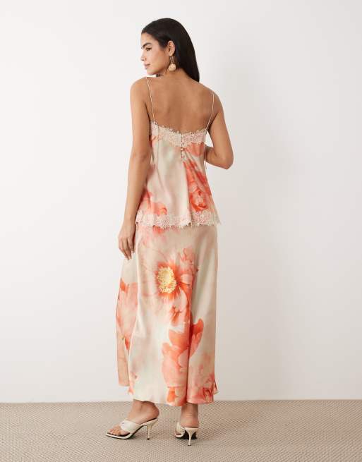 ASOS DESIGN satin cami bias double layer lace applique maxi dress in orange oversized floral print, 4 of 4