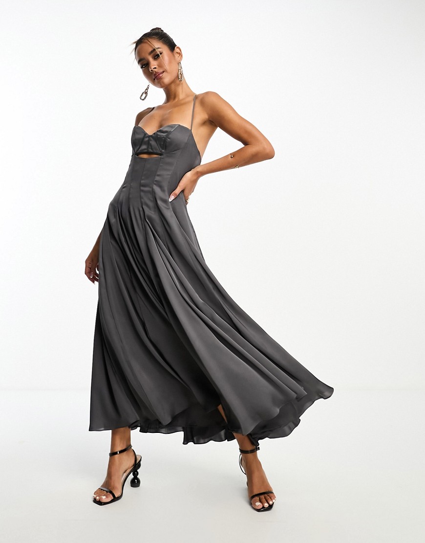 ASOS DESIGN satin cami corset midi dress with full skirt with charcoal-Grey