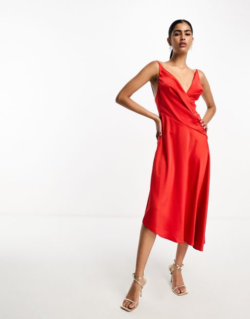 ASOS DESIGN satin cami drape midi dress with graduated hem in red ASOS