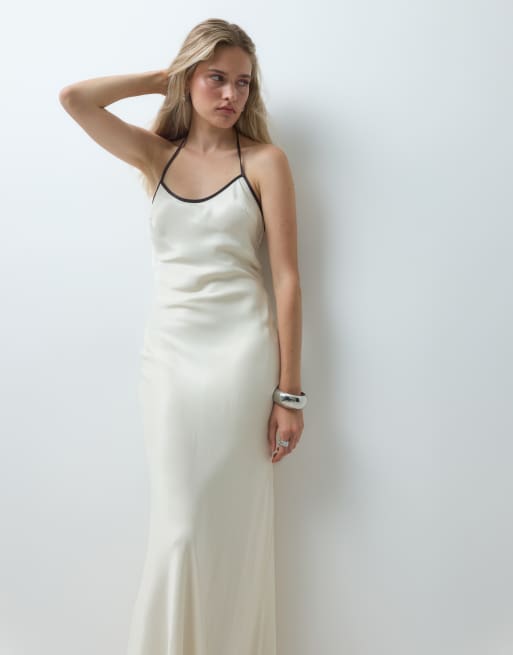 ASOS DESIGN satin cami halter fluted maxi dress in ivory, 3 of 4