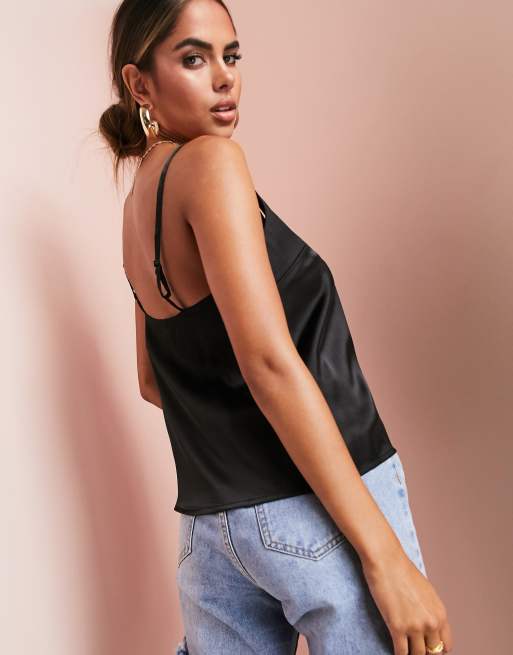 ASOS DESIGN satin cami with wrap back detail in black