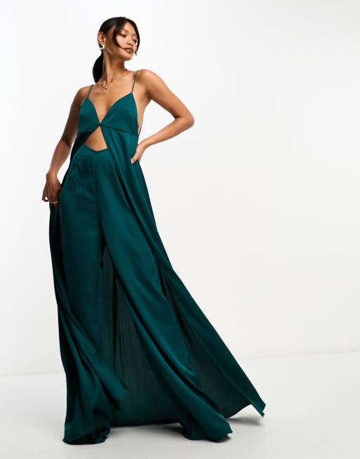 Miss Selfridge Petite cut out wide leg strappy jumpsuit in green