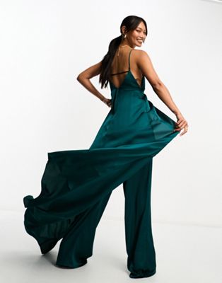 ASOS DESIGN satin cami jumpsuit with cut out and cape overlay detail in  green