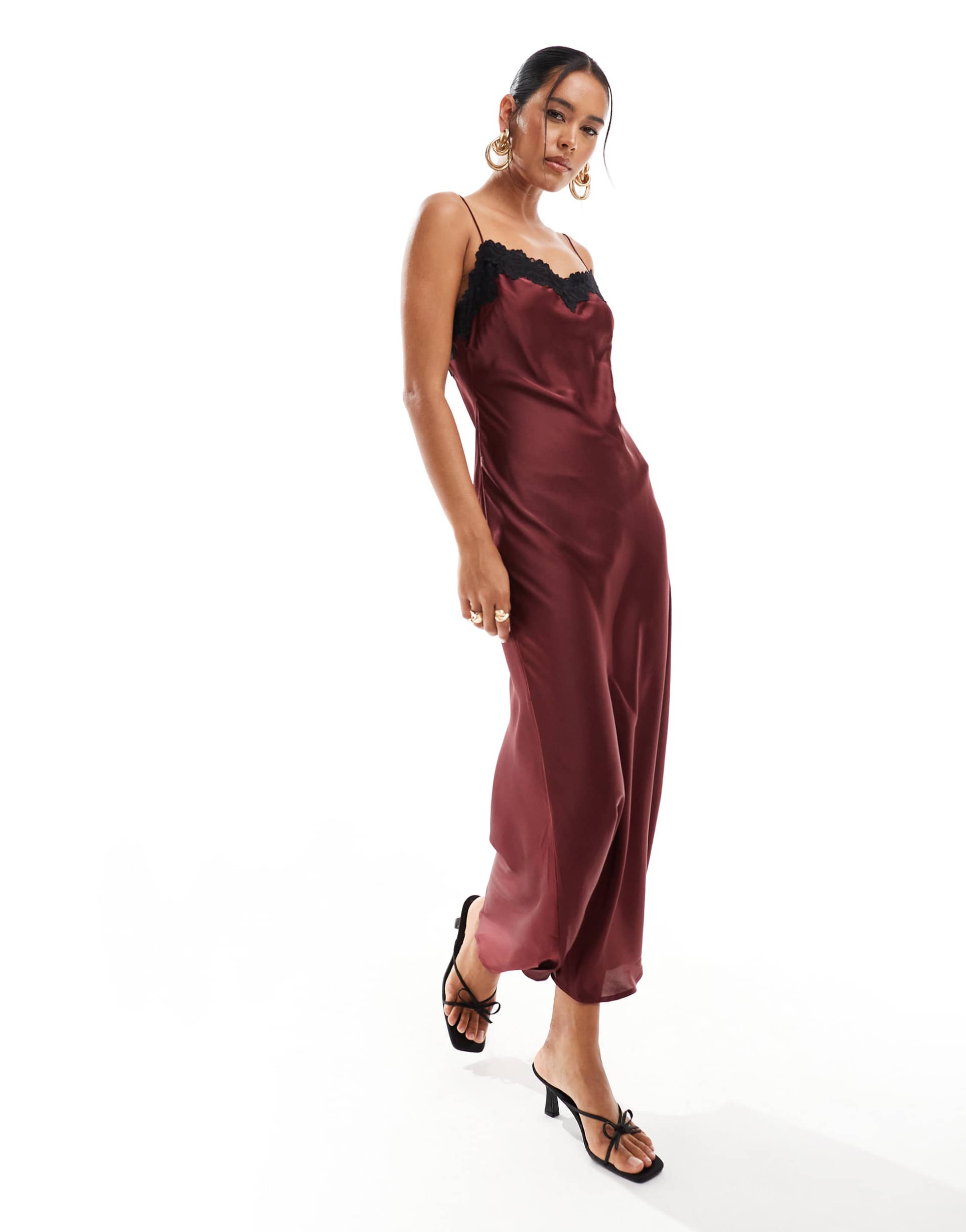 asos design satin cami lace detail midi dress in burgundy