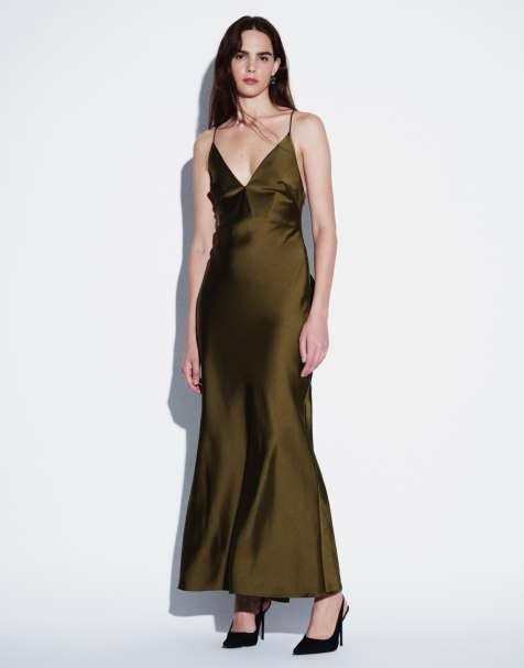 ASOS DESIGN satin cami maxi dress with bow back in khaki