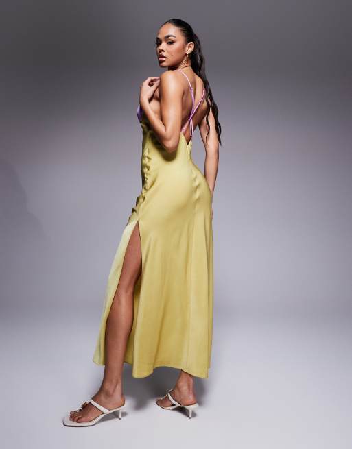 ASOS DESIGN satin cami maxi dress with color block bodice in pink and lime