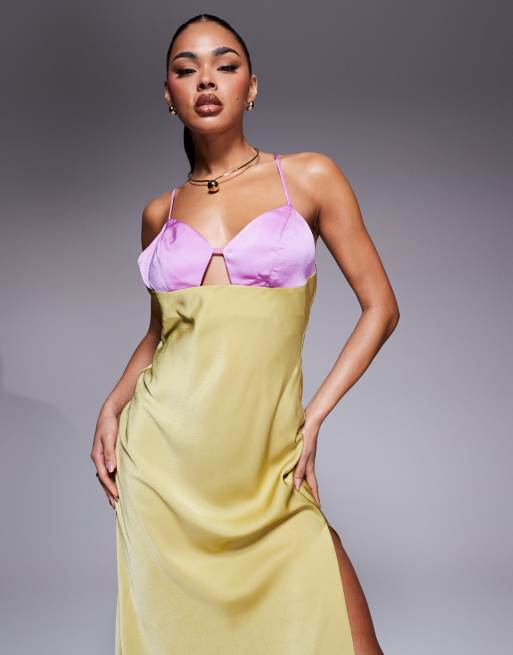 ASOS DESIGN satin cami maxi dress with color block bodice in pink and lime