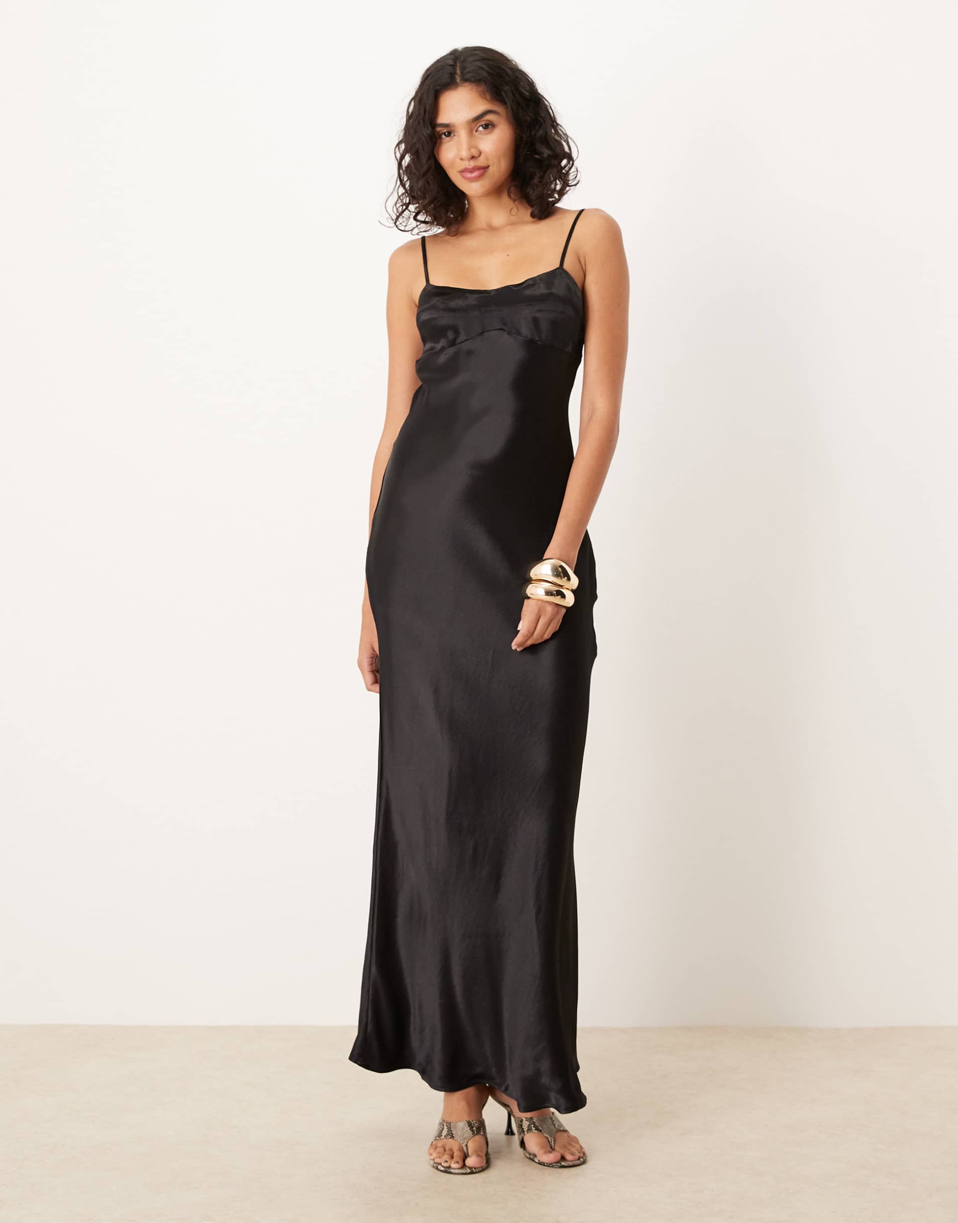 asos design satin cami maxi dress with seamed bust detail in black