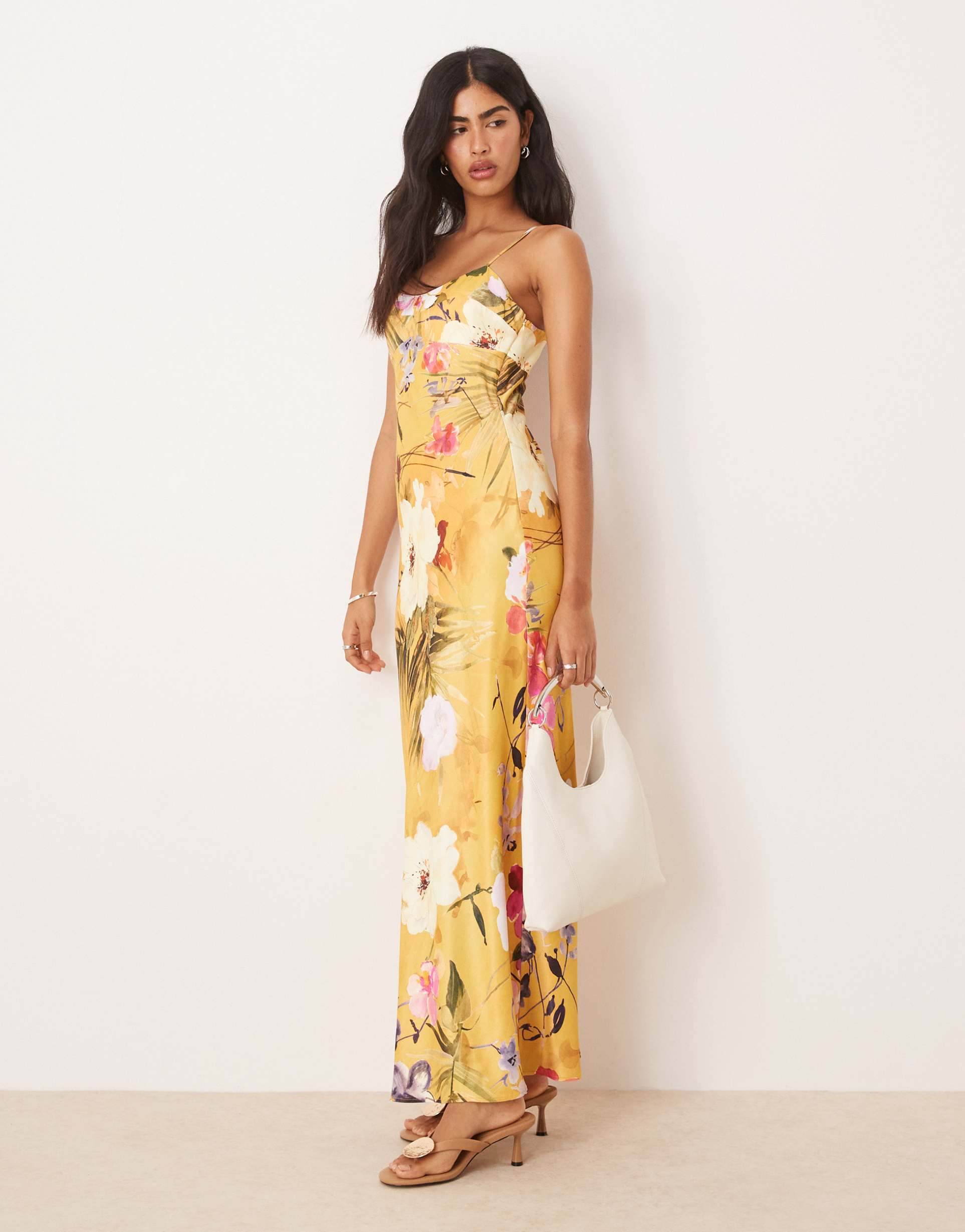 asos design satin cami maxi dress with seamed bust detail in tropical floral