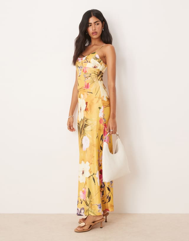 asos satin cami maxi dress ASOS DESIGN satin cami slip maxi dress with seamed bust detail in black