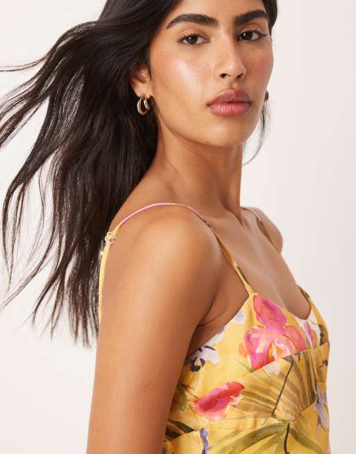 ASOS DESIGN satin cami maxi dress with seamed bust detail in tropical floral