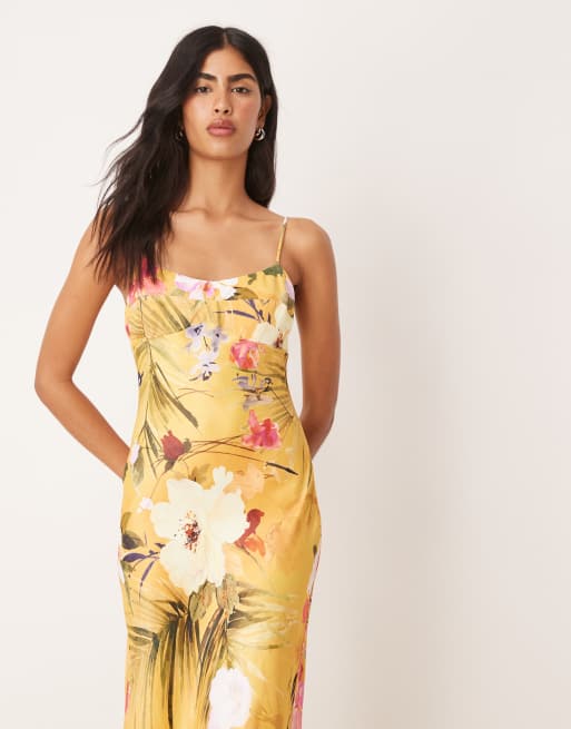 ASOS DESIGN satin cami maxi dress with seamed bust detail in tropical floral