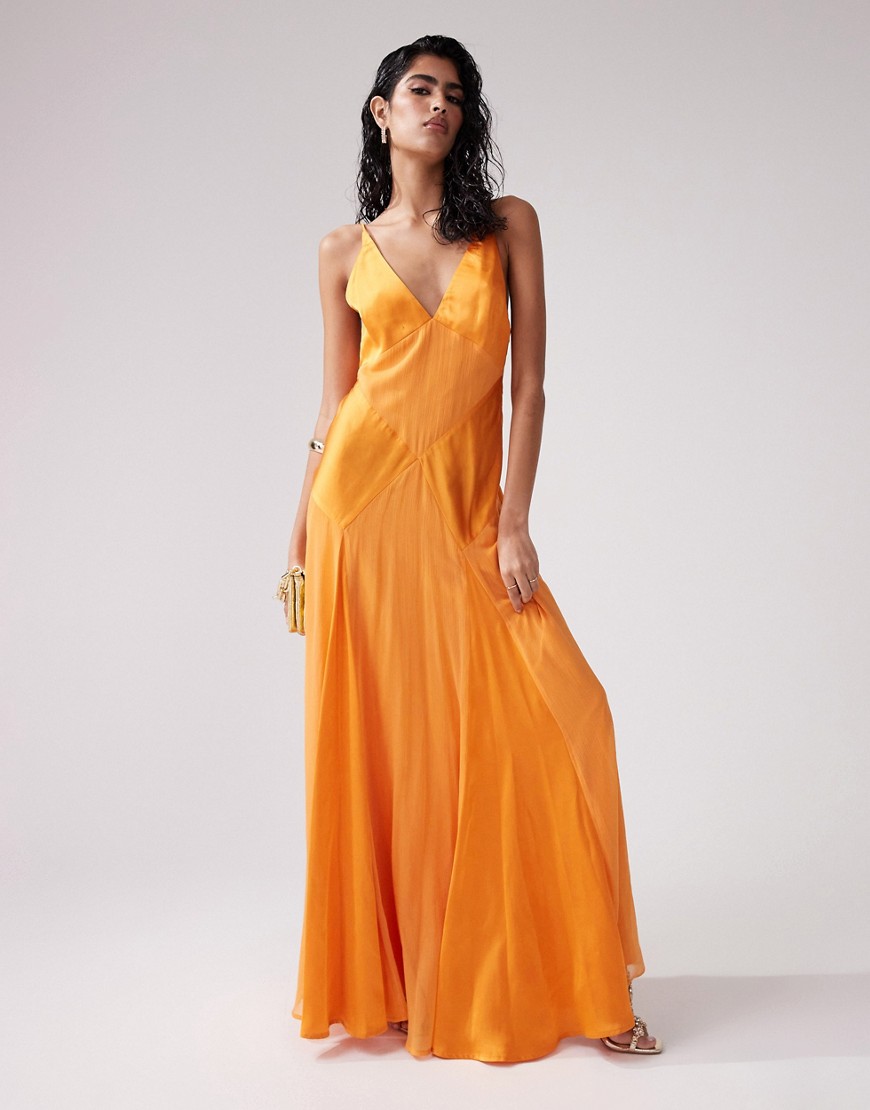 Asos Design Satin Cami Maxi Dress With Sheer Panel Details In Orange-gray