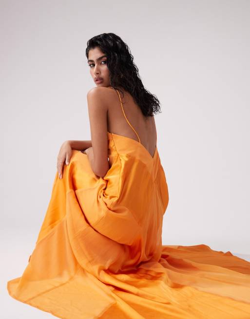 ASOS DESIGN satin cami maxi dress with sheer panel details in orange ASOS