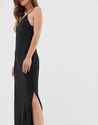 long black satin slip dress