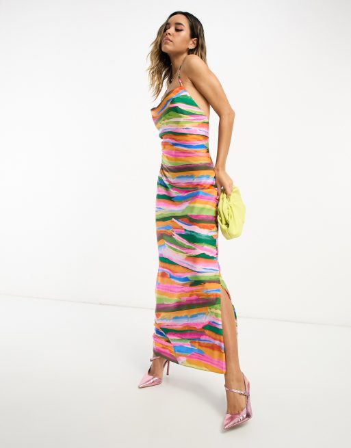 ASOS DESIGN satin cami maxi slip dress in multi stripe print