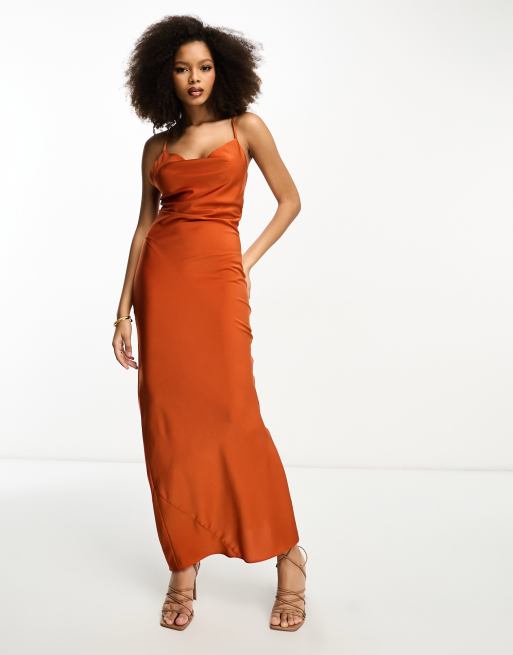 ASOS DESIGN satin cami maxi slip dress with lace up back in rust