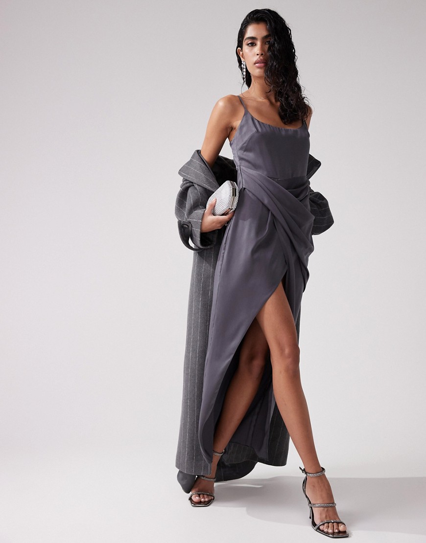 Asos Design Satin Cami Midi Dress With Drape Skirt In Charcoal-gray