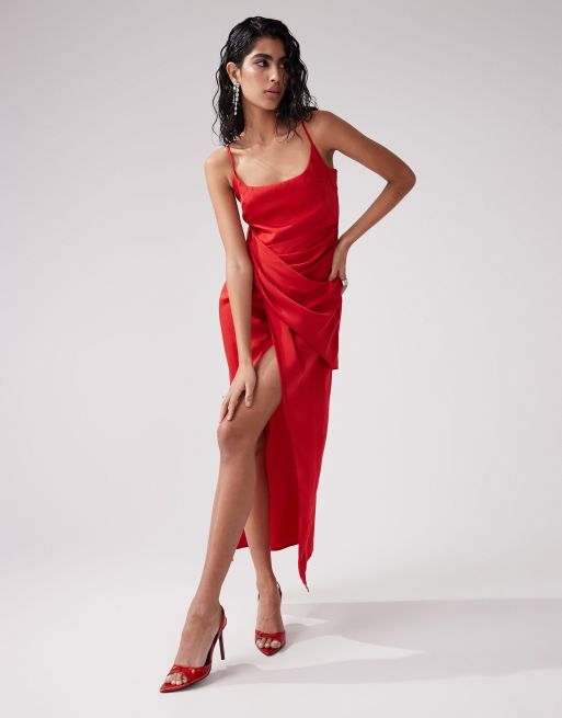 ASOS DESIGN satin cami midi dress with drape skirt in red