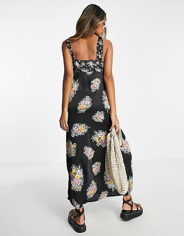 ASOS DESIGN satin cami midi dress with side slits and button detail in dark floral GN10820
