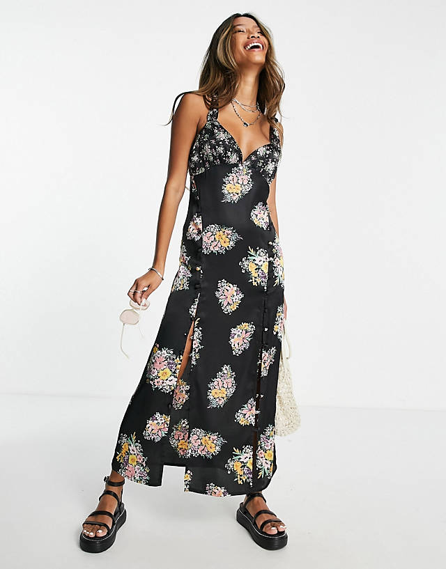 ASOS DESIGN satin cami midi dress with side slits and button detail in dark floral GN10820