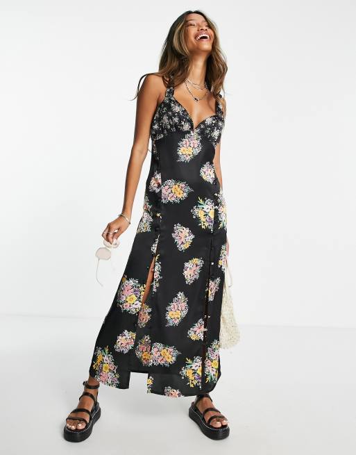 ASOS DESIGN satin cami midi dress with side splits and button detail in  dark floral