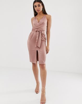 asos design cami midi dress with wrap waist in satin