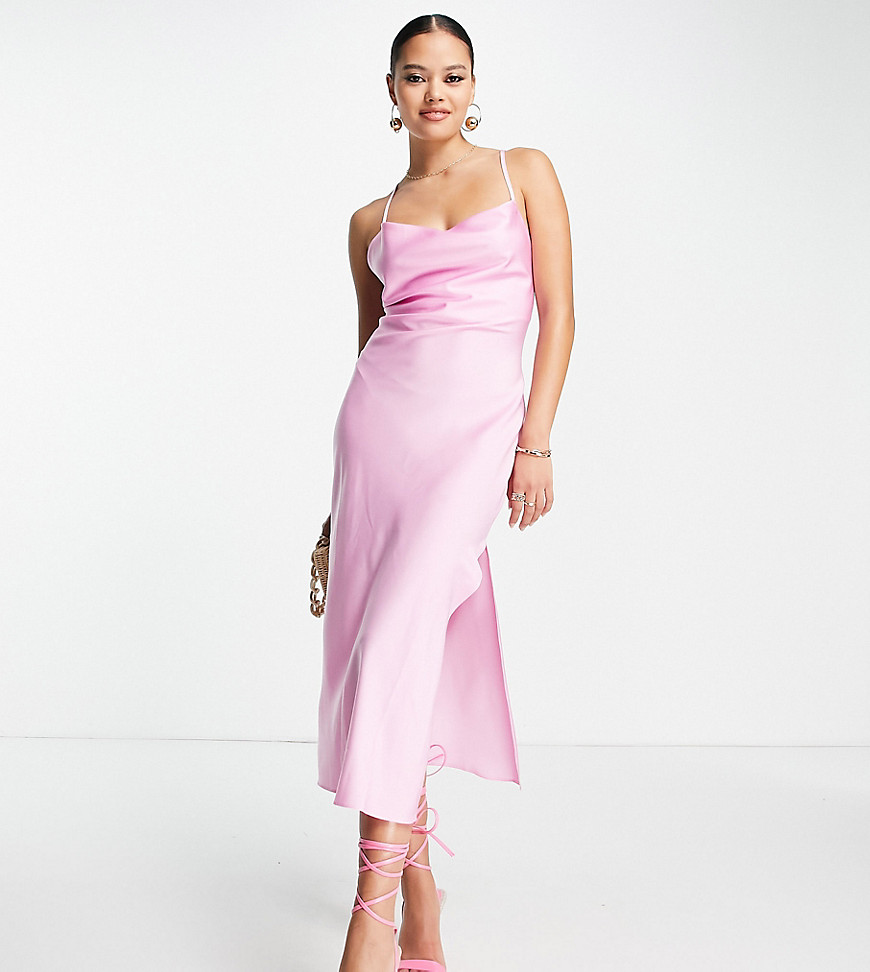 ASOS DESIGN satin cami midi slip dress with lace up back in pink-Purple