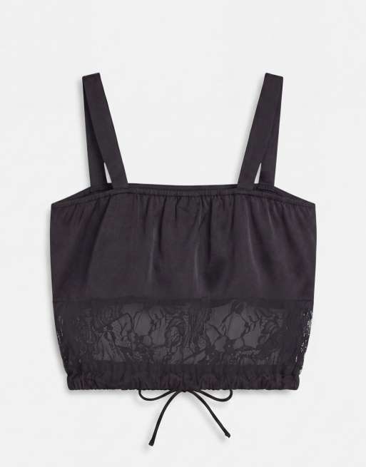 ASOS DESIGN Satin-Cami mit Spitzeneinsatz, verkürzt, mit Bindegürtel in Schwarz, 5 von 8