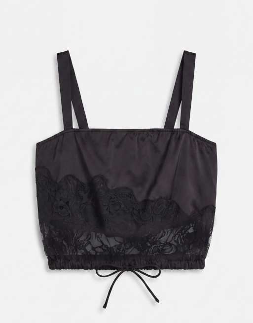 ASOS DESIGN Satin-Cami mit Spitzeneinsatz, verkürzt, mit Bindegürtel in Schwarz, 6 von 8