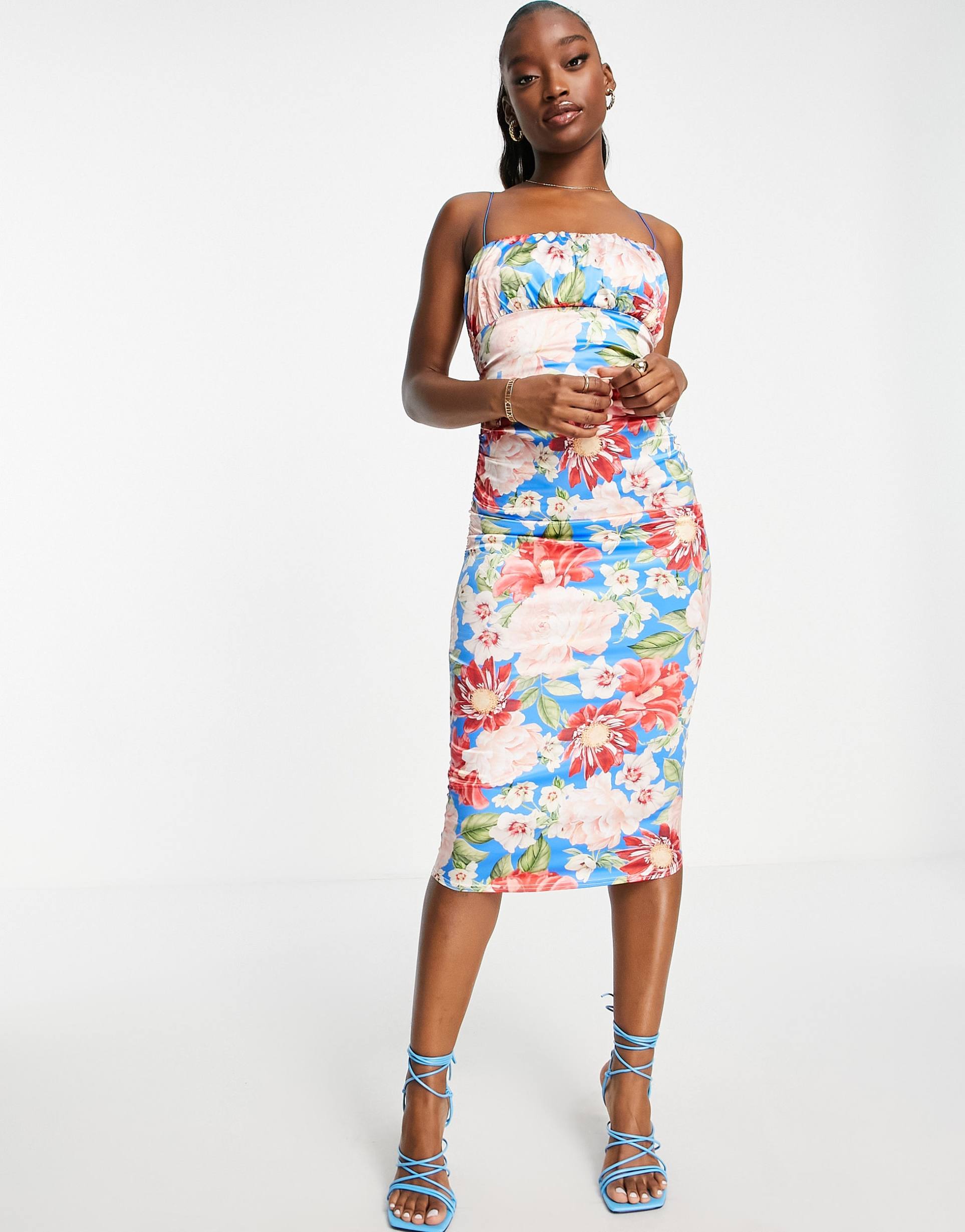 asos design satin cami ruched bust lace up back midi dress in bright blue floral print