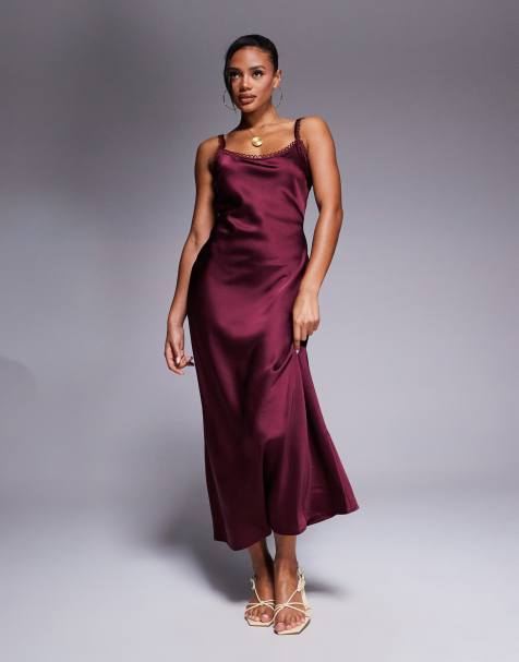 ASOS DESIGN satin cami slip midi dress with picot trim neckline in burgundy - view 1