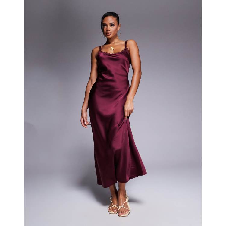 asos design cami midi dress with wrap waist in satin ASOS Satin Bias Cut Cami Midi Dress With Contrast Tie Detail in Brown