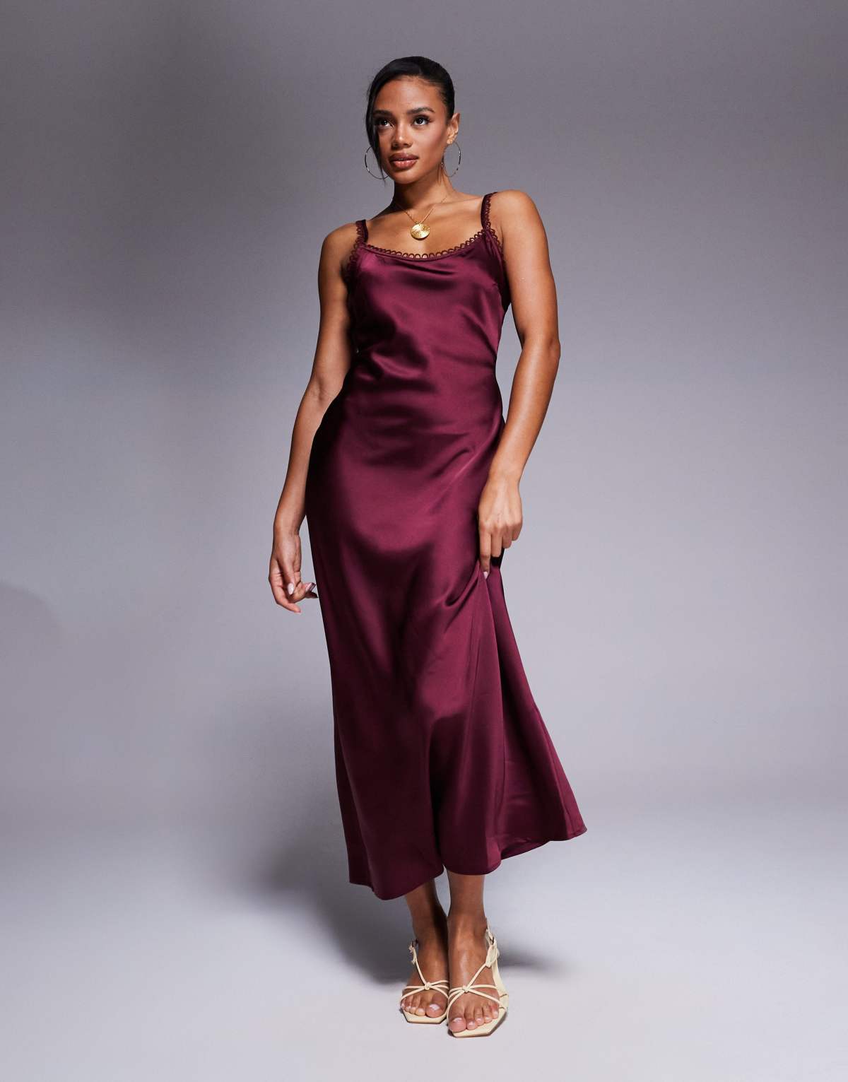 ASOS DESIGN satin cami slip midi dress with picot trim neckline in burgundy