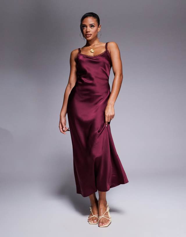 burgundy satin slip dress ASOS DESIGN cami midi with picot trim neckline in Color:PRINT 206 MUSTARD night date or some cap toe heels Floral Jacquard Short Fit