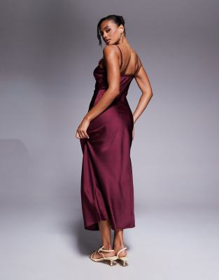 Asos Design Satin Cami Slip Midi Dress With Picot Trim Neckline In Red