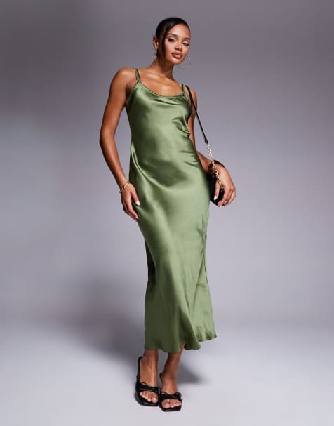 ASOS DESIGN satin cami slip midi dress with picot trim neckline in olive green - view 1
