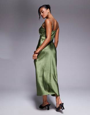ASOS DESIGN satin cami slip midi dress with picot trim neckline in olive  green | ASOS