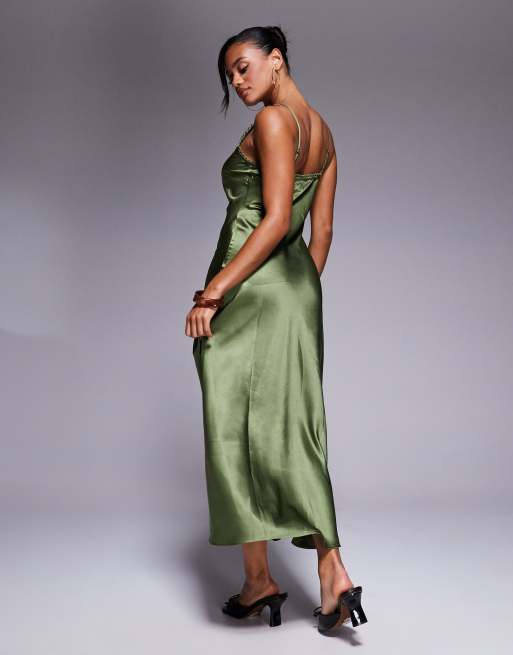 ASOS DESIGN satin cami slip midi dress with picot trim neckline in olive green