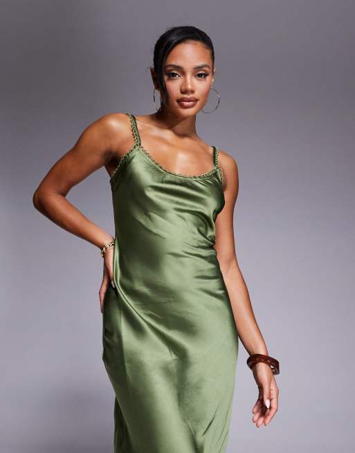 ASOS DESIGN satin cami slip midi dress with picot trim neckline in olive green
