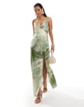 [ASOS DESIGN] ASOS DESIGN satin cami strap pleated bust midi dress in green marble print-Multi 18 Marble Print