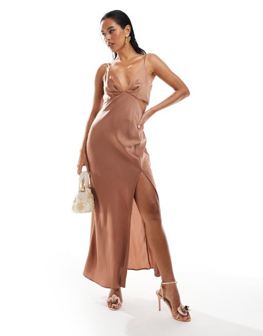 ASOS DESIGN satin cami strap pleated bust midi dress in mocha