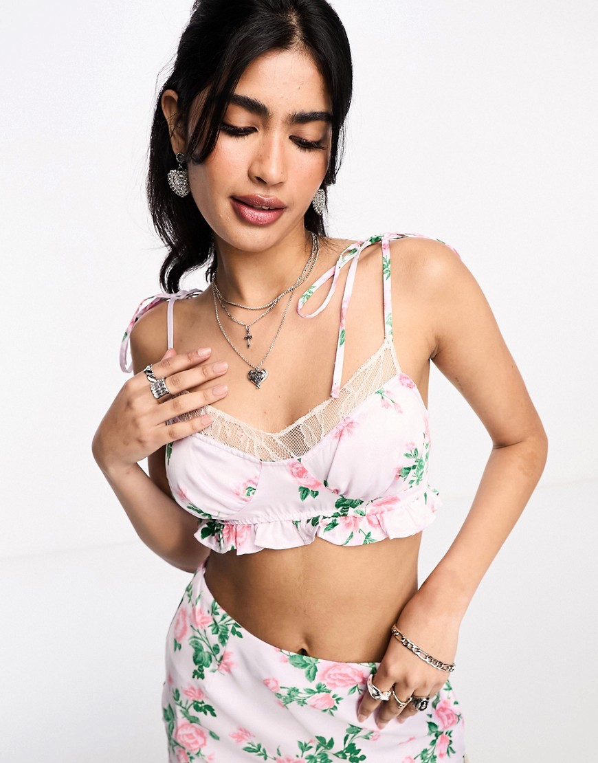 ASOS DESIGN satin cami top co-ord in rose floral with lace-Multi