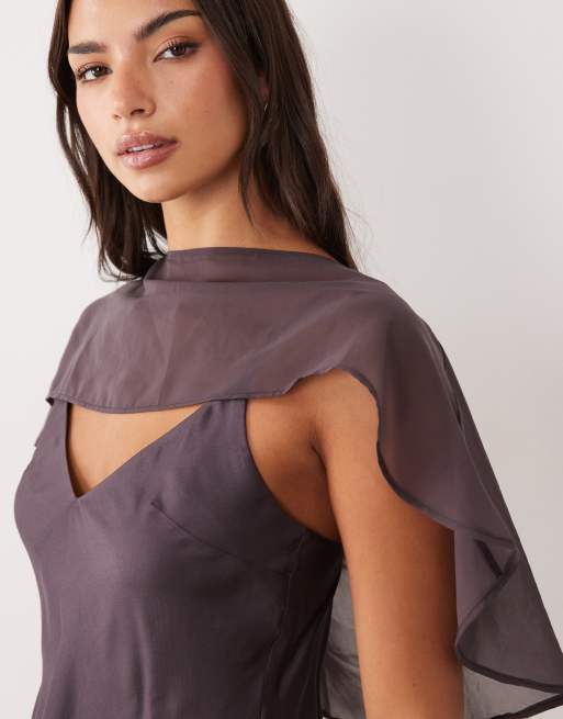 ASOS DESIGN satin cami top with cape in chocolate, 2 of 4