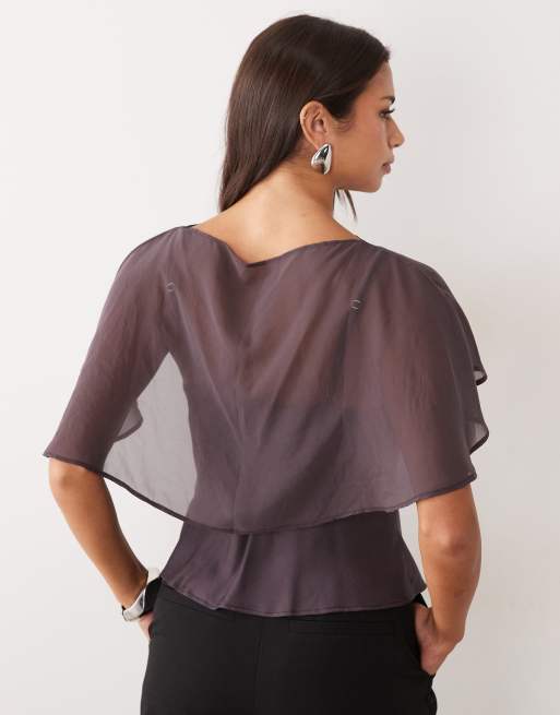 ASOS DESIGN satin cami top with cape in chocolate, 3 of 4