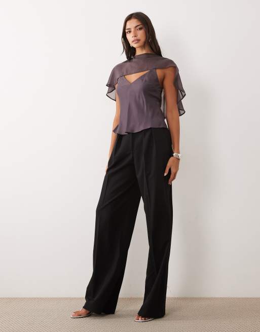 ASOS DESIGN satin cami top with cape in chocolate, 4 of 4