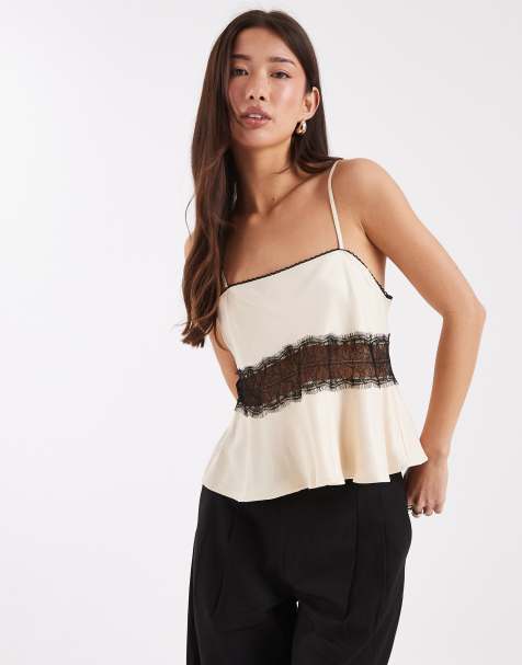 ASOS DESIGN satin cami top with lace inserts in ecru - view 1