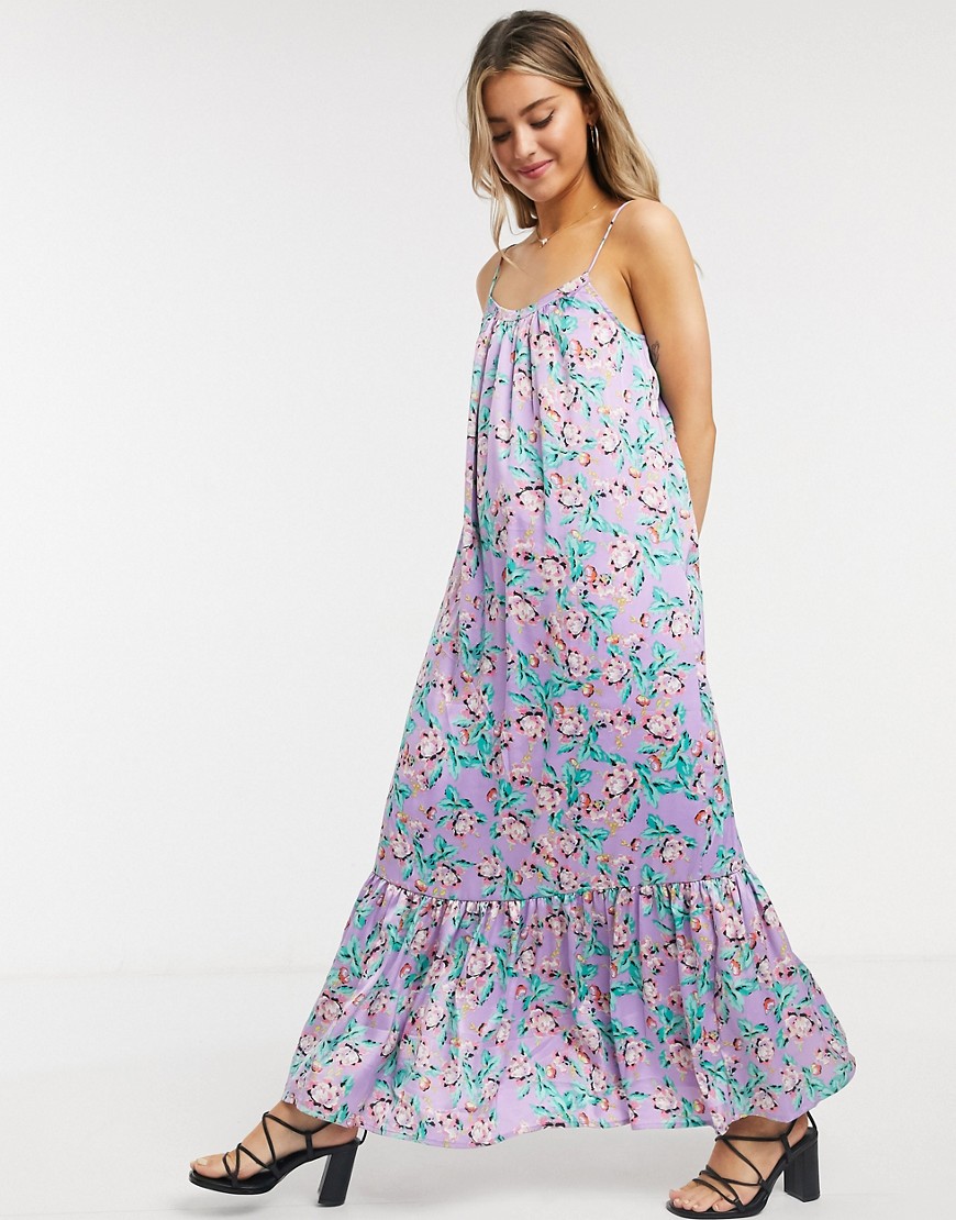 Asos Design Satin Cami Trapeze Maxi Dress With Pep Hem In Lilac Based Floral-multi