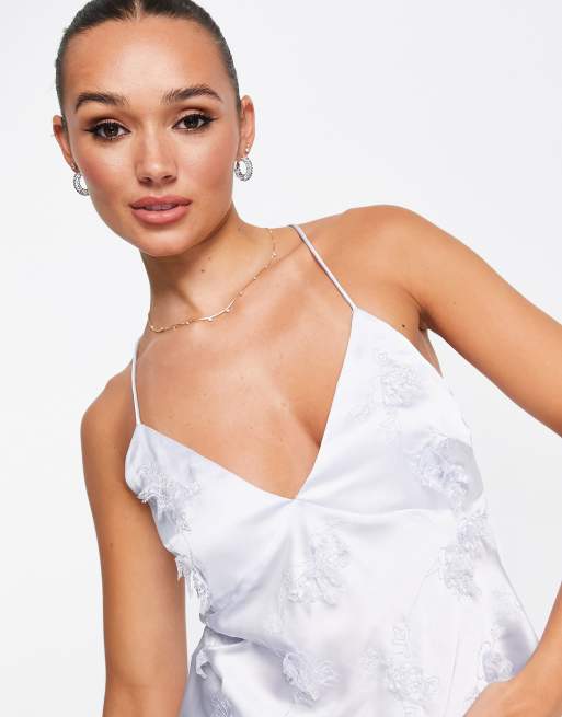 ASOS DESIGN satin cami with embroidery in pale blue