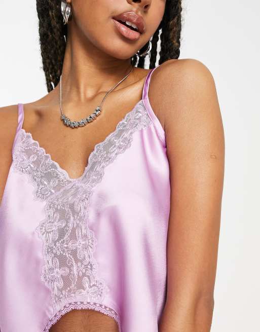 ASOS DESIGN Fuller Bust jersey satin cami top with lace trim in lilac